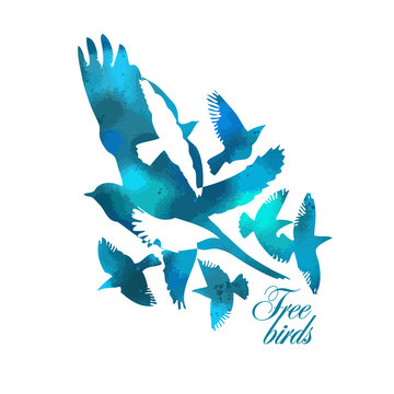 A flock of flying blue birds. Abstract mosaic. Mixed media. Vector illustration