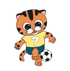 Cartoon cute orange little baby tiger football player. Yellow t-shirt, blue pants. Black and white ball. Perfect for design of boy's birthday, football fan party, scool gym, nursery.