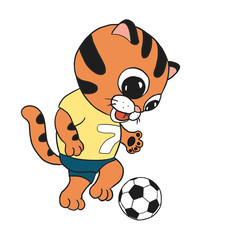 Orange baby tiger football player. Yellow t-shirt, blue pants. Black and white ball. Champion. Dribble. Perfect for design of boy's birthday, football fan party, scool gym, nursery. Isolated on white 