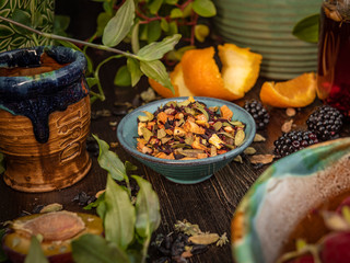 Preparation of the tea ceremony, tea in the bowl. Handmade cups