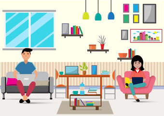 Flat design vector of man and woman doing work at the laptop computer in home.They are sitting on sofa behind computer with picture.work from home,Freelance,Vector Graphic and workplace concept.