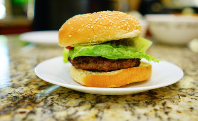Home made hamburger in a white plate