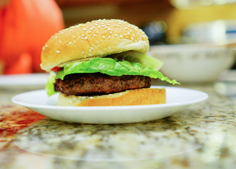 Home made hamburger in a white plate