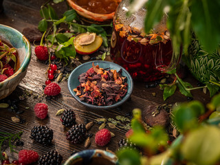 Preparation of the tea ceremony, tea in the bowl. Handmade cups