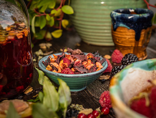 Preparation of the tea ceremony, tea in the bowl. Handmade cups