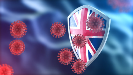 Security shield as virus protection concept. Coronavirus Sars-Cov-2 safety barrier. Shiny steel shield painted as British national flag defend against cells, source of covid-19 disease. 
