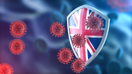Fototapeta premium Security shield as virus protection concept. Coronavirus Sars-Cov-2 safety barrier. Shiny steel shield painted as British national flag defend against cells, source of covid-19 disease. 