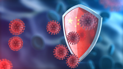 Security shield as virus protection concept. Coronavirus Sars-Cov-2 safety barrier. Shiny steel shield painted as Chinese national flag defend against cells, source of covid-19 disease. 