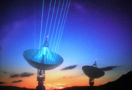 Huge satellite antenna dish for communication and signal reception out of the planet Earth. Observatory searching for radio signal in space at sunset. 