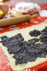 Making strudek cake with poppy seeds on the table