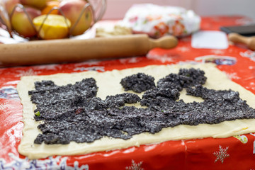 Making strudek cake with poppy seeds on the table