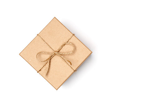 flat lay craft box with natural rope isolated on white background 