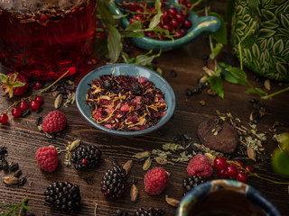Preparation of the tea ceremony, tea in the bowl. Handmade cups