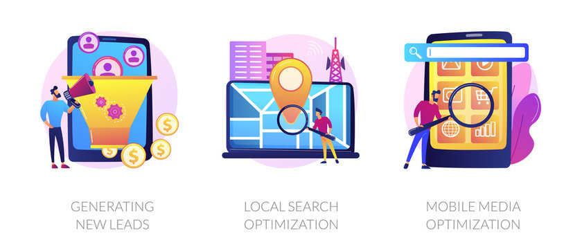 Marketing campaign icons set. Customer attraction, SEO promotion. Generating new leads, local search optimization, mobile media optimization metaphors. Vector isolated concept metaphor illustrations.