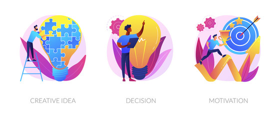 Innovative business strategy icons set. Brainstorm, problem solution development, personal growth. Creative idea, decision, motivation metaphors. Vector isolated concept metaphor illustrations