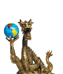 Chinese Dragon holding a globe, turned to the Americas.  Isolated on white