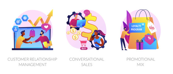 Fototapeta na wymiar Marketing strategy icons set. Shop gifts and bonuses. Customer relationship management, conversational sales, promotional mix metaphors. Vector isolated concept metaphor illustrations
