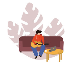 a young man playing the guitar on a sofa in the living room. Distance learning music lessons. Learning at home. Spend time at home. stylized illustration in cartoon hand-drawn style