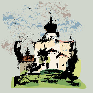 recommend clip art: Isolated vector illustration. Ancient Russian temple. Church of the Assumption with Ferry (Paromenskaya) in Pskov. Based on hand drawn painting.