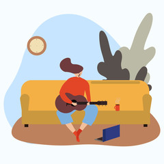 a young girl or woman playing the guitar on a sofa in the living room. Distance learning music lessons. Learning at home. Spend time at home. Vector stylized illustration in cartoon flat style