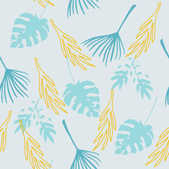 Fototapeta na wymiar Modern Tropical Vector Seamless Pattern. Cool Summer Fashion. Doodle Floral Background. Monstera Feather 