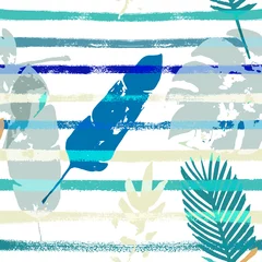 Photo sur Plexiglas Rayures horizontales Sailor Stripes Vector Seamless Pattern, imprimé floral exotique bleu, blanc, jaune. Bohème à la mode