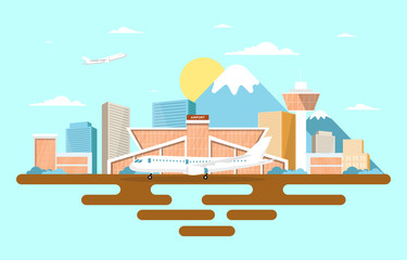 Aircraft Plane in Runway Airport Terminal Building Landscape Skyline Illustration