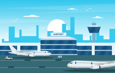 Aircraft Plane in Runway Airport Terminal Building Landscape Skyline Illustration