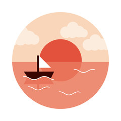 landscape nature ocean sunset sailboat flat style icon