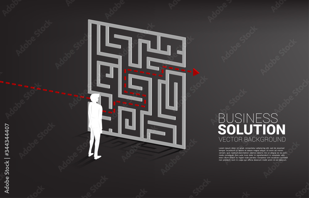 Poster Silhouette of Businessman standing with plan to exit from maze . Business concept for problem solving and solution strategy