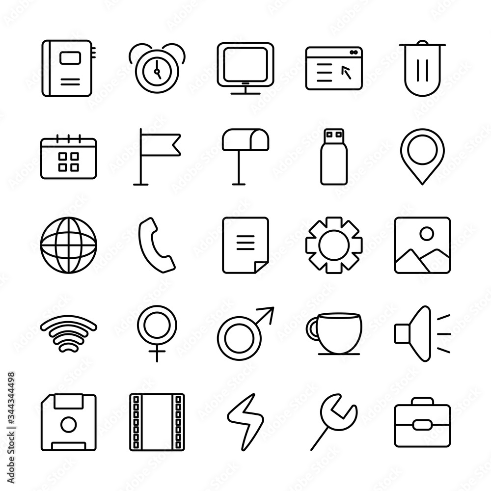 Poster global sphere and user interface icon set, line style