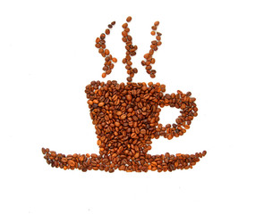 cup of coffee with a saucer of coffee beans. top view.