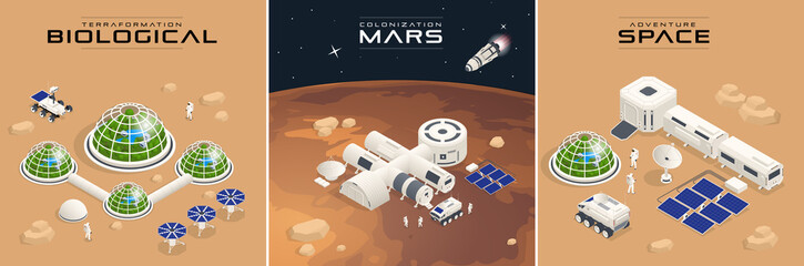 Isometric Mars Colonization, Biological terraforming, Paraterraforming, Adapting humans on Mars. Astronautics, space technology. Communication Center with Residential Compartments, Base Infrastructure © Golden Sikorka