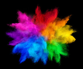 colorful rainbow holi paint color powder explosion isolated on dark black background. peace rgb...