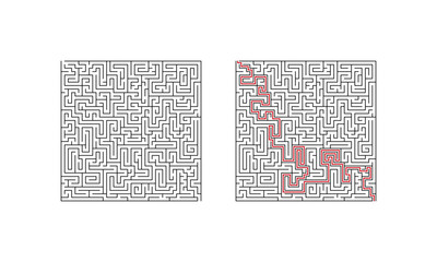 Fototapeta na wymiar Square labyrinth maze game. Single puzzle with solution. Find the right way. Vector illustration.