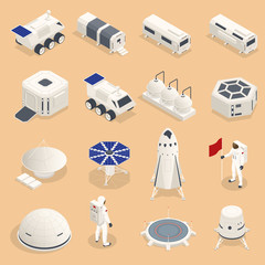 Isometric set of icons Space Equipment and Vehicles of space exploration with rockets artificial satellites, planets with Astronauts, isolated. © Golden Sikorka