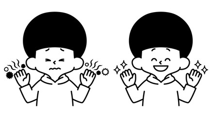 男の子-不潔な手-清潔な手-白黒