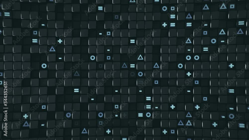 Poster wall of cubes and random symbols. abstract modern technology or science fiction concept. 3d render s