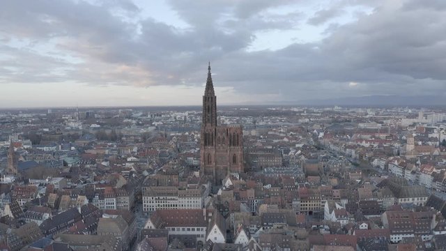 The famous Notre Dame Cathedral in Strassbourg, France. Featuring 4K drone footage circling the spire.