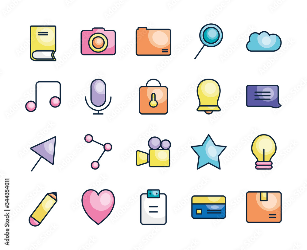 Poster heart and user interface icon set, line color style