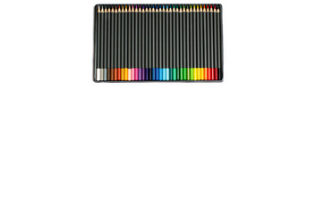 Colored pencils in a case on a white background.