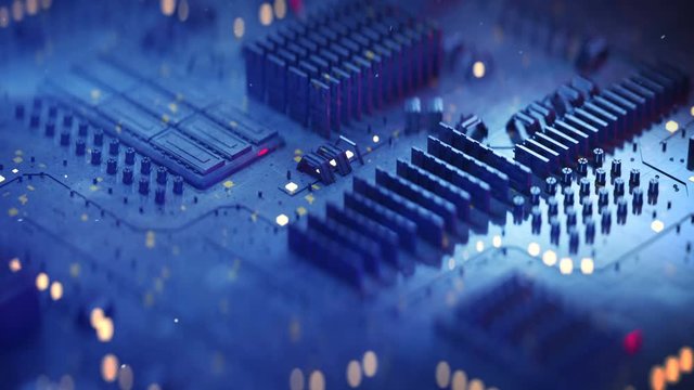 Blue printed circuit board. Abstract modern technology design. Seamless loop 3D render animation