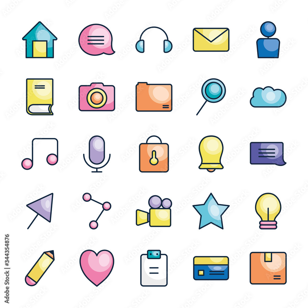 Poster house and user interface icon set, line color style