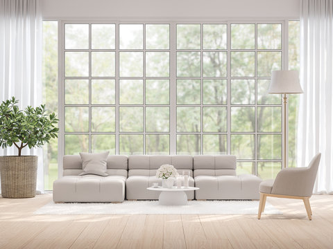 Moderm living room with blurry nature view background 3d render,There light wooden floor and large window overlooking to garden view.