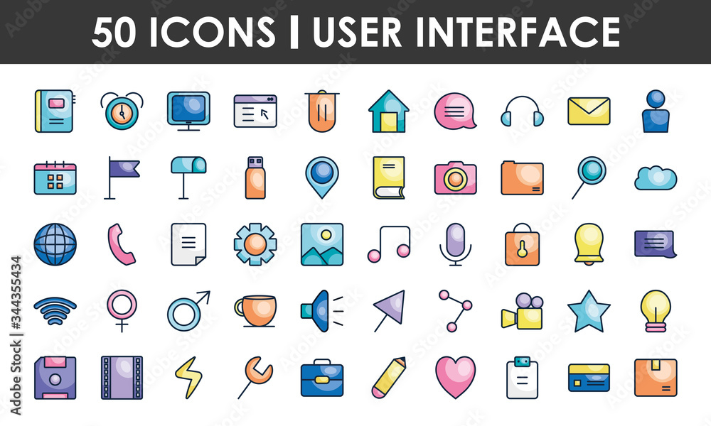 Poster icon set of user interface, line color style