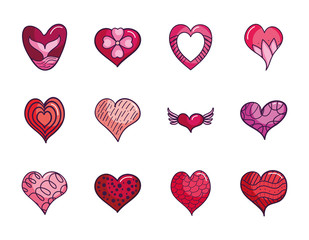 floral heart and hearts icon set, line color style