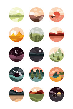 landscape nature mountains ocean and forest in circle icons set flat style icon