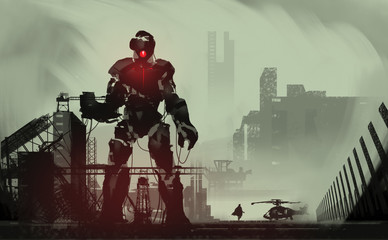 Digital illustration painting design style a giant robot repairing in abandoned dock, against abandoned city.