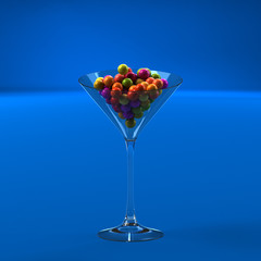 3Dレンダリングによるカラフルな球体に満たされたグラスのイラスト