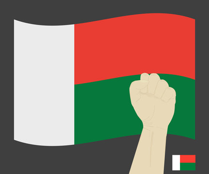 Fist power hand with Madagascar National flag, Fight for Malagasy People concept, cartoon graphic, sign symbol background, vector illustration.
